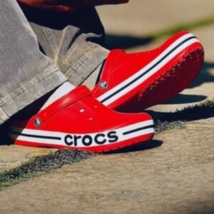 CROCS Bold Red Clogs with Black and White Stripes